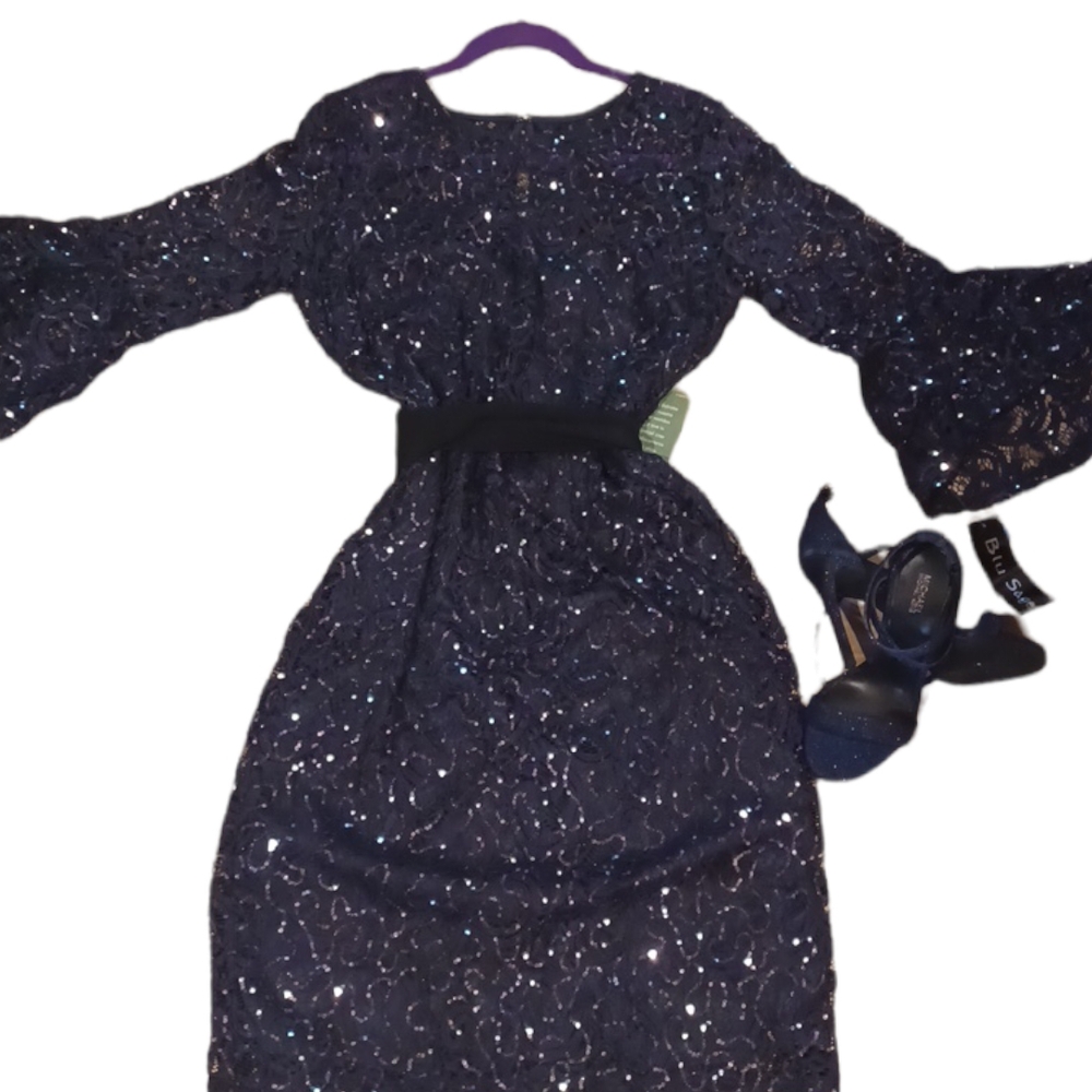 Sparkling Navy Dress with Bell Sleeves